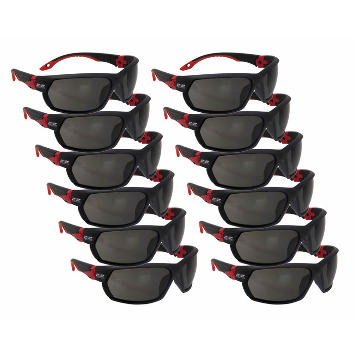 Premium Anti-Fog Smoke Grey Tinted Lens Safety Glasses With Removeable Headband in Black and Red 12-Pair Bulk Pack